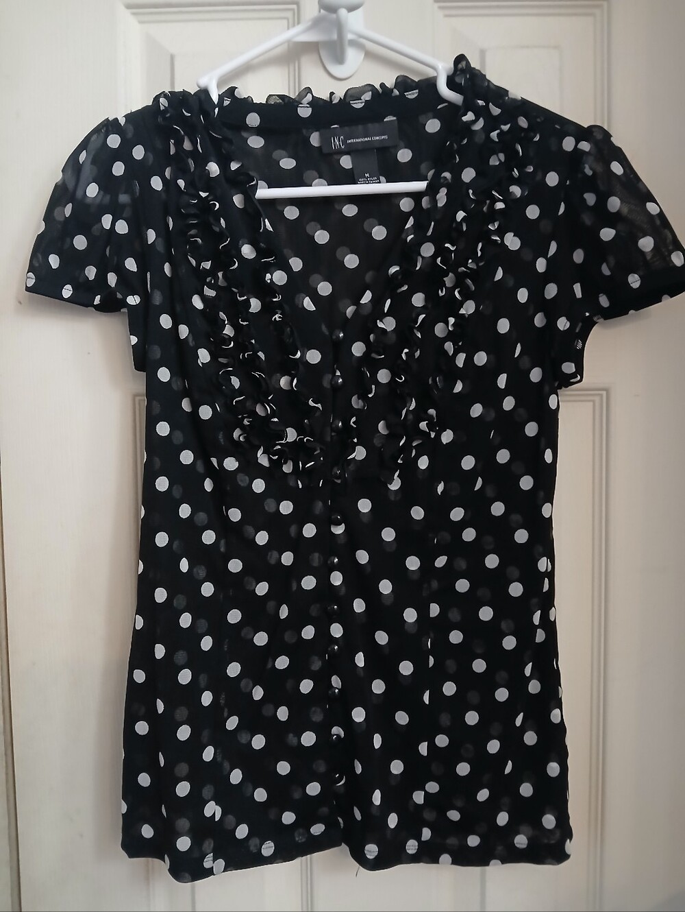 INC International Concepts Medium Ruffles V Neck Black Polka Dot Shirt Sheer Pir